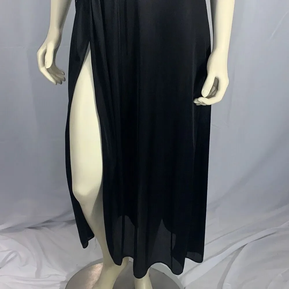 Vintage 70's Black Lingerie Slip Dress Maxi Long Dress High Slit See through Wai - Picture 11 of 16